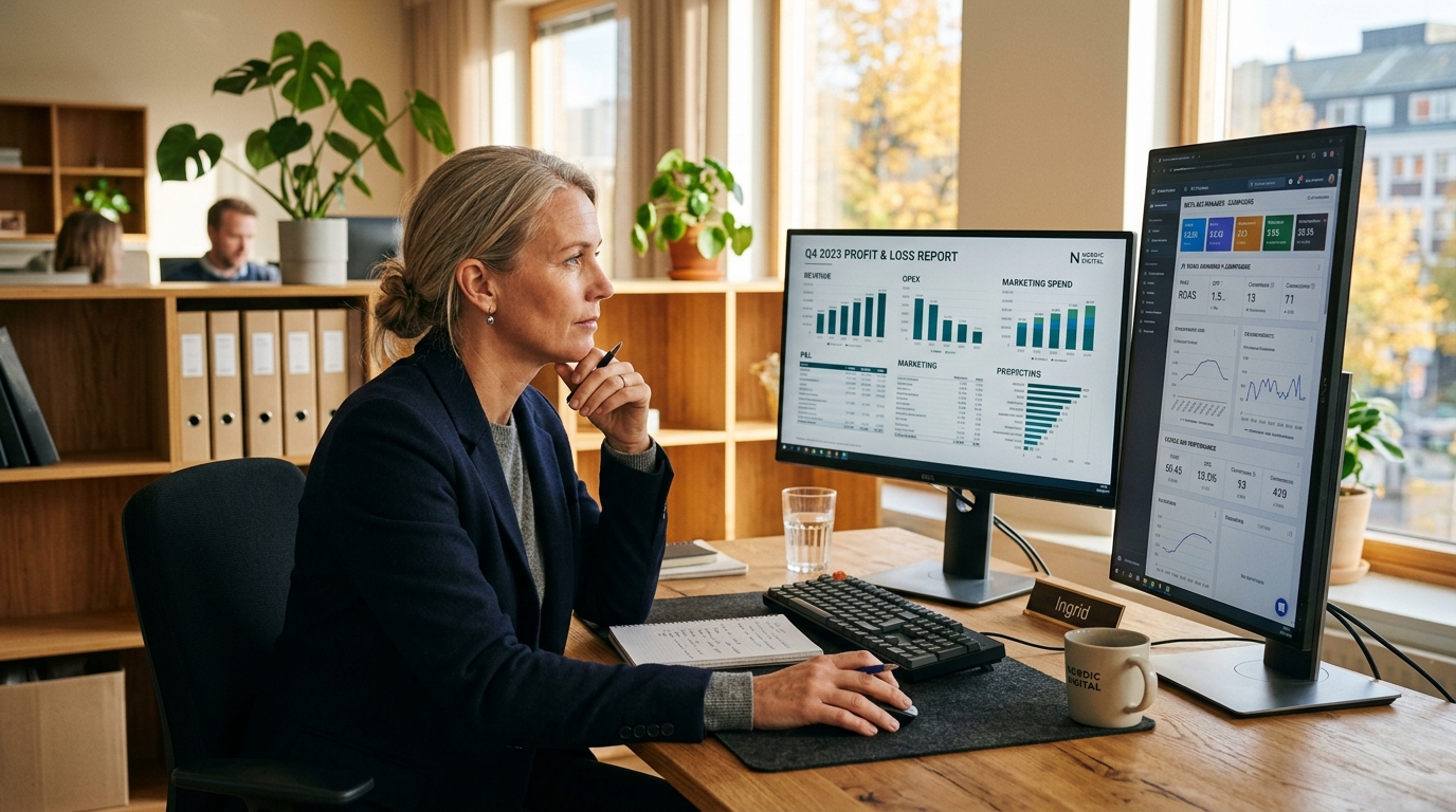 Marknadschef vid skrivbord med dual-monitor setup, P&L-rapport på huvudskärmen och marknadsdashboards på sekundär