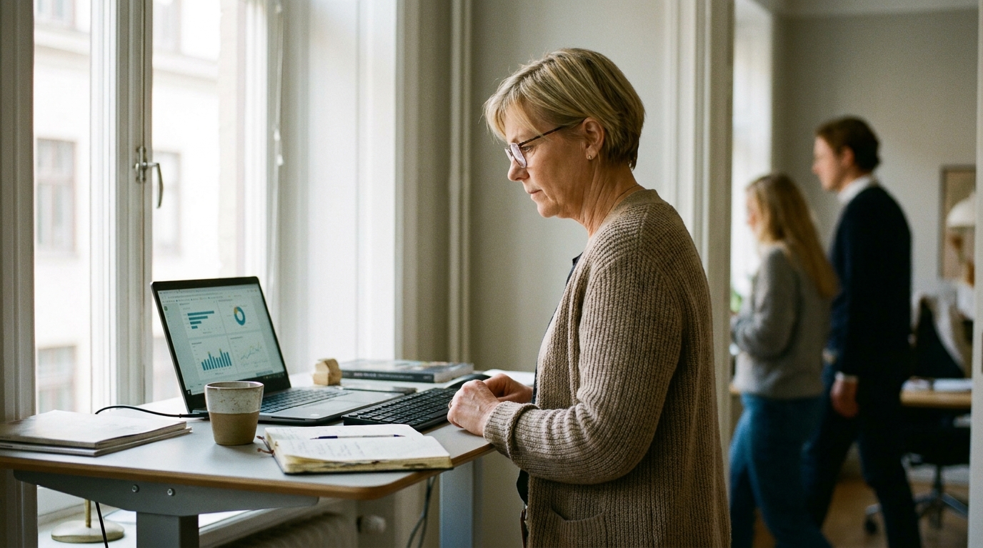Ekonomichef vid ståbord i ett nordiskt kontor granskar finansiella dashboards på sin laptop, kaffekopp och anteckningsbok bredvid, kollegor i mjukt bakgrundsljus