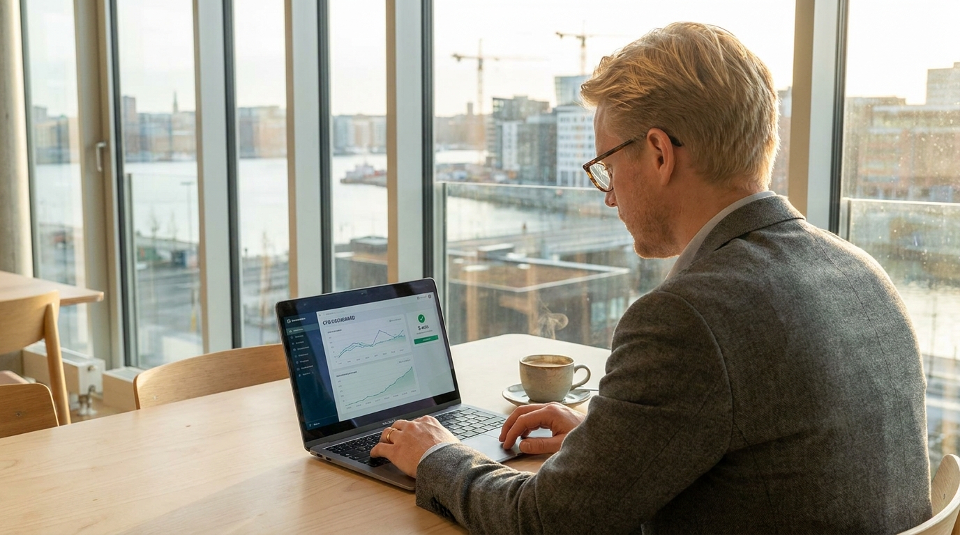Ekonomichef vid skrivbord med laptop som visar en färdig CFO-rapport, ett kaffe bredvid, skandinavisk kontorsmiljö med morgonljus
